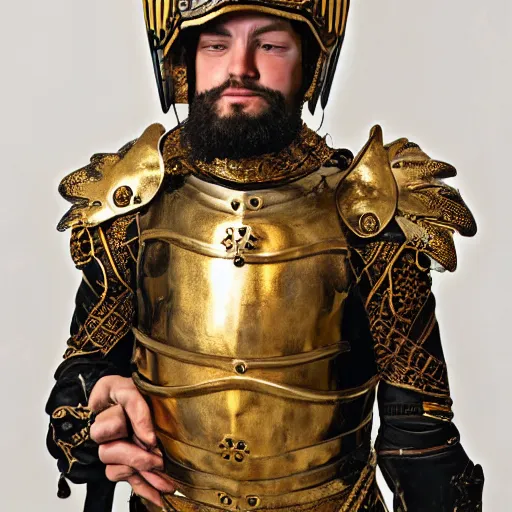Image similar to man in decorated with gold medieval baroque style armor and helmet and golden cross on his chest 19 century art style