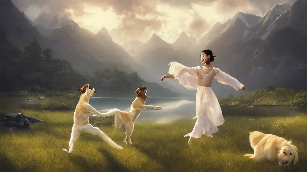 Image similar to “ a asian ballet girl dances with a white golden retriever, besides a small wooden red cottage by the lake, mountains in the background, soft lighting, sunny day, by charlie bowater, by greg rutkowski ”