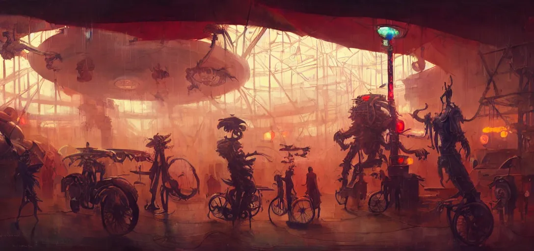 Image similar to close - up of old cyborgs exploring small town cyperpunk amusement, neon food signs, ancient big top circus tent, highly detailed, nightmare, japan, digital painting, concept art, matte, art by ruan jia and wlop and greg rutkowski and makoto shinkai, masterpiece