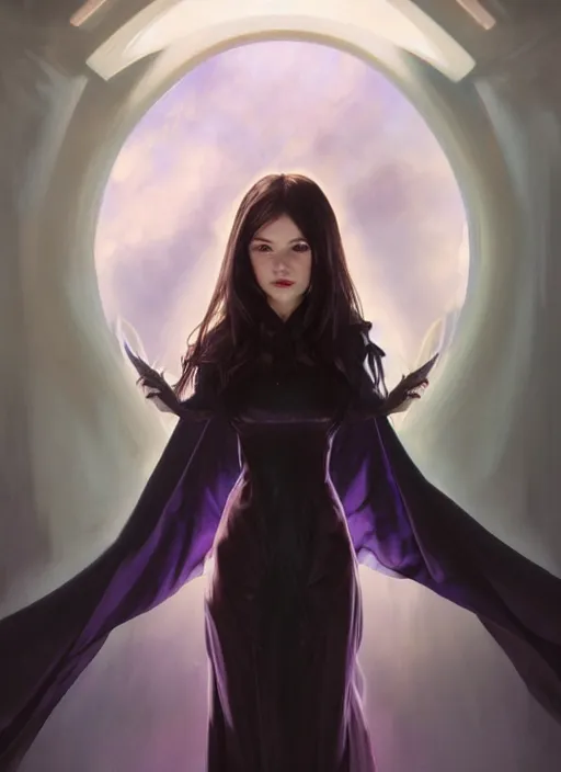 Image similar to girl, portrait, devil smile, ice magic, long face, sharp features, black hair, dark robe, dnd, art by artgerm and greg rutkowski and alphonse mucha, trending on artstation, cinematic light, pastel colors, volumetric shading, high radiosity dull skin, global illumination, radiant light, soft light, soft color dodge, subsurface scattering