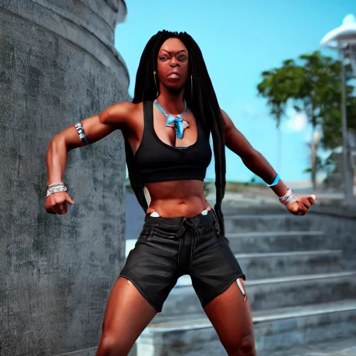 Image similar to 3 d render of a full female body, a very attractive black woman with long dreadlocks, stoic face, chiseled abs, wearing fitness gear, dead or alive 6, tekken 7, rumble roses, thick legs, highly detailed, artstation, super realistic, unreal engine