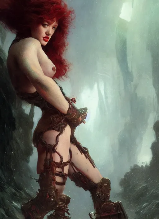 Image similar to short muscular kat dennings whith short, red hair by gaston bussiere, bayard wu, greg rutkowski, giger, maxim verehin, greg rutkowski, masterpiece, sharp focus, cinematic lightning