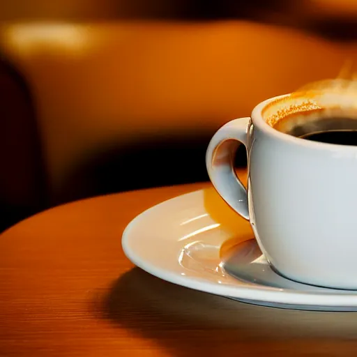 Image similar to close up realistic detailed photo of a steaming cup of coffee on a saucer with a flaky pastry on the side and a coffee spoon next to it on the table in a hotel lobby, liminal, hdr, volumetric lighting, dim light, diffuse light