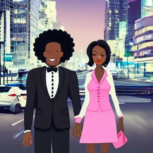Prompt: A black man wearing white suit and a black tie with a white woman wearing a pink!!! dress on street at night , traffic in background , highly detailed!! face!!!