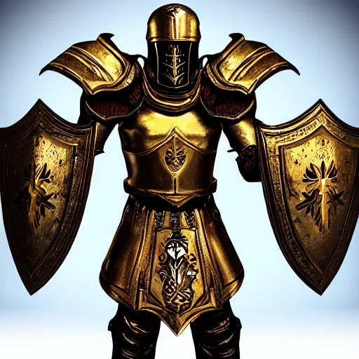 Image similar to man in white and decorated with gold doom slayer baroque style armor with kingdom of jerusalem and templar knight insignia oil