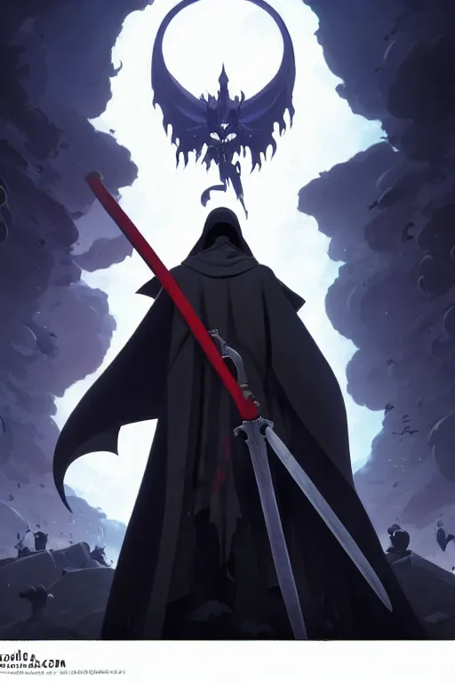 Image similar to video game cover, grim reaper dressed with a cape surrounded by demons, mid view, design on a white background, by studio muti, greg rutkowski makoto shinkai takashi takeuchi studio ghibli