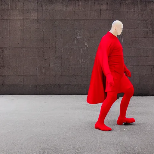 Prompt: anime baldy man with long - sleeved yellow shirt, red gloves, red boots white cape