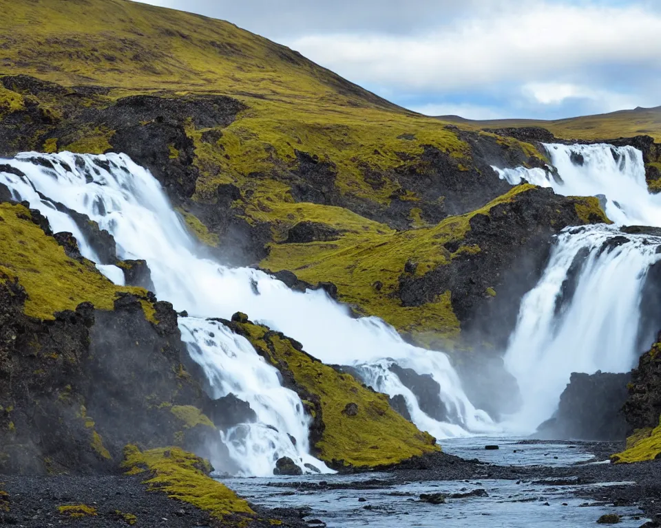 Image similar to an icelandic landscape, waterfall, hyper - realistic