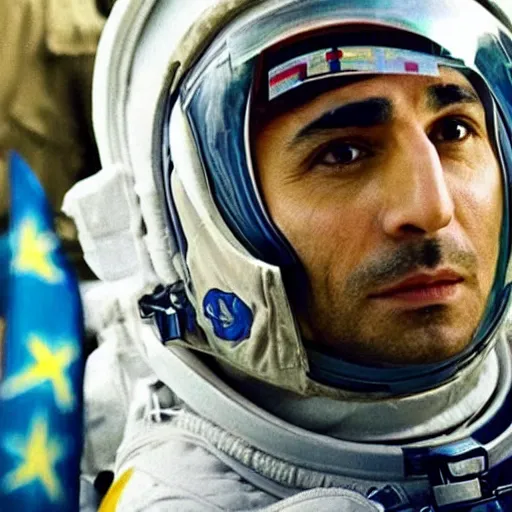 Image similar to close - up of a kurdish astronaut wearing a kurdistan flag badge in a movie directed by christopher nolan, movie still frame, promotional image, imax 7 0 mm footage