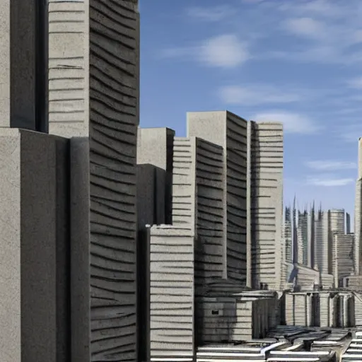 Image similar to brutalist city with sharp edges and concrete walls, highly detailed, sky shot, in the bright day, in the far future