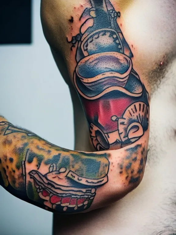 Prompt: far shot of a man showing his arm with taco tattoo, tattoo