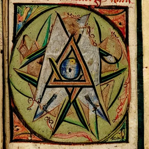 Prompt: page from a medieval manuscript on summoning demons, occult symbols, illustrations of plants, highly detailed, pentagram