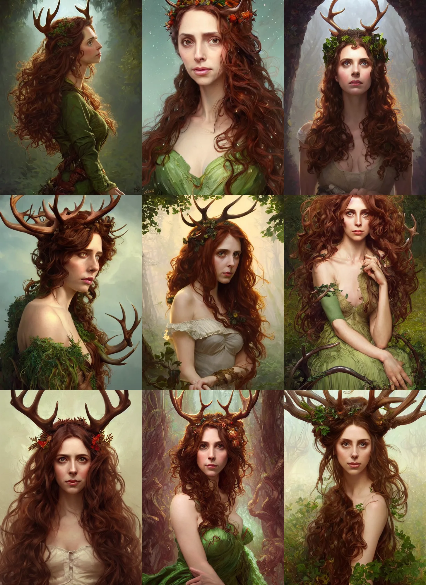 Prompt: portrait of a young woman with red brown curly hair and antlers growing from her head green dress alison brie freya allen forest in the background d & d fantasy intricate big beautiful eyes cinematic lighting highly detailed digital painting artstation concept art smooth sharp focus illustration art by artgerm and greg rutkowski and alphonse mucha