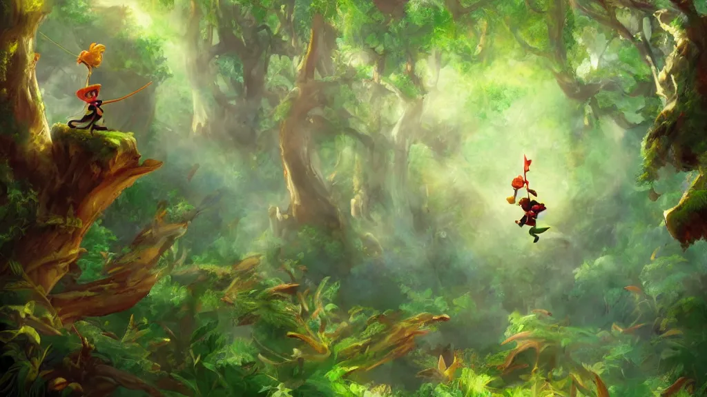 Prompt: Peter pan and Tinkerbell flying through a beautiful fantasy forest, trending on artstation, painterly style, concept art, oil painting