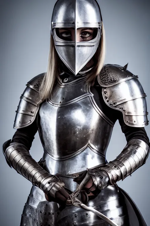 Image similar to medieval female knight, blonde hairs, no helmet, symmetrical, cinematic, elegant, demonic atmosphere, professional studio light, real dlsr photography, sharp focus, armor made by hans giger, 4 k, ultra hd, sense of awe