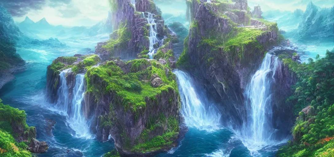 beautiful view of a fantasy waterfall from a mountain, | Stable Diffusion