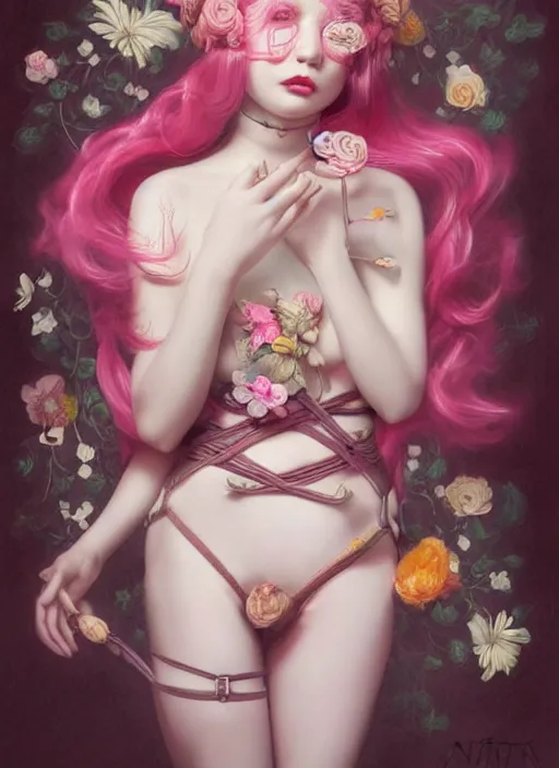Image similar to pop surrealism, lowbrow art, realistic seductive cute woman painting, pink body harness, long hair, japanese shibari with flowers, hyper realism, muted colours, rococo, natalie shau, loreta lux, tom bagshaw, mark ryden, trevor brown style,