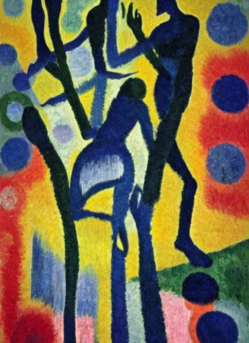 Prompt: silhouetted figures in the night enshrouded in an impressionist representation of Mother Nature and the meaning of life by Sonia Delaunay and Igor Scherbakov, the figures cast their shadows on the still water, abstract colorful lake garden at night, the moon reflects in the water, thick visible brush strokes, figure painting by Anthony Cudahy and Rae Klein, vintage postcard illustration, minimalist cover art by Mitchell Hooks