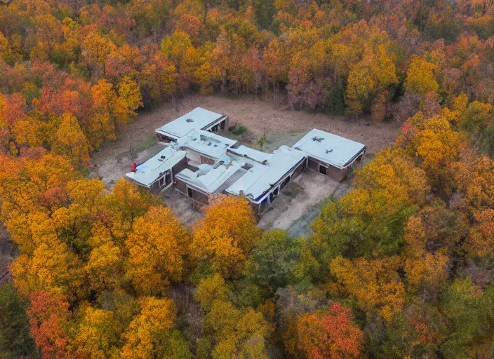 Image similar to low drone shot of a ranch style Juvenile Detention Center middle of the Woods during autumn