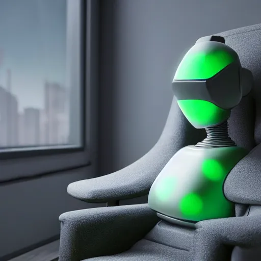 Prompt: futuristic lonely matte dark gray and glossy translucent green full-body humanoid robot with huge expressive comically sad LED eyes and open rectangular mouth sitting on a large comfortable cushioned vintage recliner reading a hardbound leather book. Cinematic Lighting, Cinematic Movie Photograph, Arri Alexa, Extremely Detailed, smooth, very very clean, simple, 8K, octane render, maya render, unreal engine, trending on artstation, DSLR, excellent composition, moody