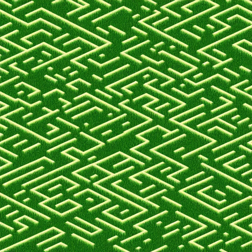 Prompt: wimmelbilder maze made of mowed lawn, isometric, very sharp