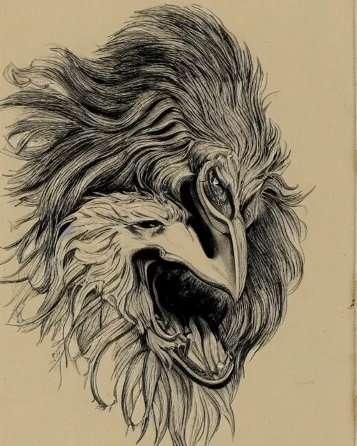 Image similar to human / eagle / lion / ox hybrid with two horns, one big beak, mane, human body. drawn by francis bacon