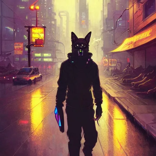 Prompt: anthropomorphic coyote character wearing black cyberpunk skater clothes with neon highlights in a cyberpunk city at night. Renowned character illustration by greg rutkowski, thomas kindkade, alphonse mucha, loish, norman rockwell. Trending on artstation 4k. Highly detailed.