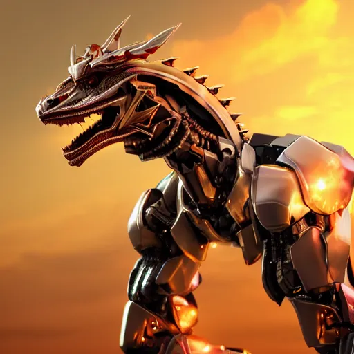 Image similar to a highly detailed close-up of an awe-inspiring beautiful majestic anthropomorphic robotic mecha female dragon, with smooth and streamlined armor, standing and posing elegantly in front of the camera, well detailed head with epic LED eyes, sharp and dangerous sleek design, two arms, digital art, artstation, DeviantArt, professional, octane render, sunset lighting