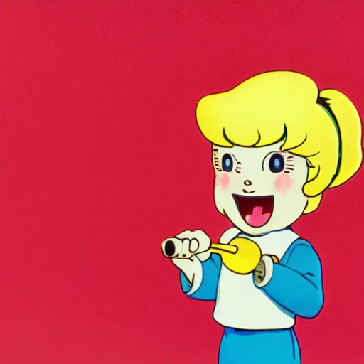 Prompt: a very cute, adorable strawberry character with only two front teeth, holding a yellow toothbrush, in the style of hiroshi nagai