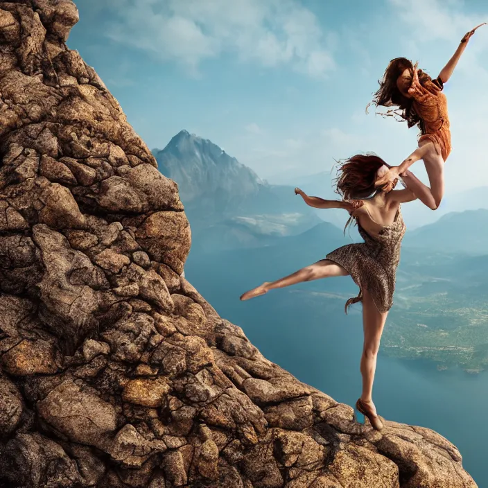 Prompt: a woman dancing on top of a very high surreal building on top of the mountains, nature, plants, fire, rocks, water, bark, hyper realism, high detail, octane render, 8k, chrome accents