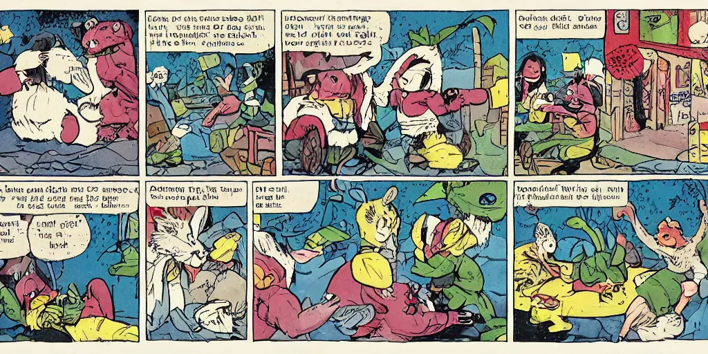 Prompt: a comic book strip about bear and a rabbit