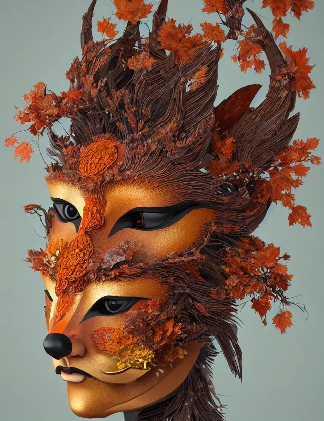 Image similar to 3 d goddess close - up profile portrait. beautiful intricately detailed japanese autumn fox mask, fall leaves, phoenix, dried plants, wind, creature, artwork by tooth wu and wlop and beeple and greg rutkowski