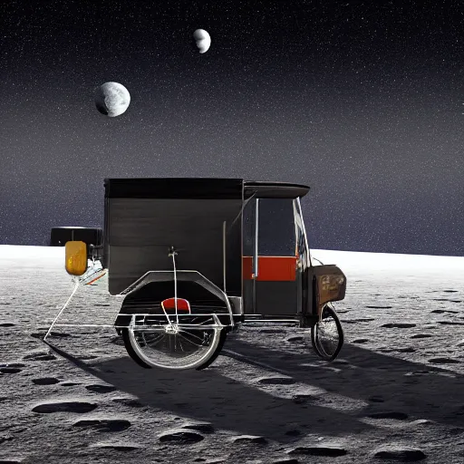 Image similar to a dark auto rickshaw traveling on the surface of the moon, moon craters, night sky, milky way, hard lighting, matte painting, concept art, 4k