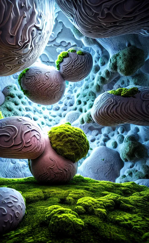 Image similar to highly detailed ultra sharp 3 d render cinematic composition of a smooth ceramic porcelain biomorphic magnolia stone nebula fluid fractal sci - fi surreal architecture landscape, granite, metallic, magnesium, marble, moss and lichen, vincent callebaut composition, mamou - mani, archviz, beautiful lighting, 8 k, unreal engine, hdr,