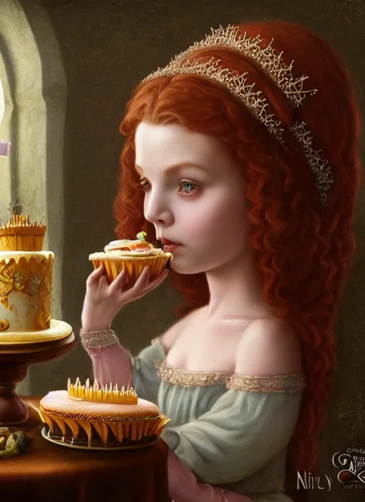 Image similar to highly detailed closeup portrait of an irish fairytale medieval princess eating cake, unreal engine, nicoletta ceccoli, mark ryden, lostfish, earl norem, global illumination, god rays, detailed and intricate environment