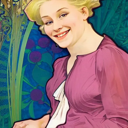 Image similar to portrait of a blonde, happy, laughing, beautiful, danish scrum master. she is looking a you with loving, calm eyes. the background is colorful and inspired by alphonse mucha