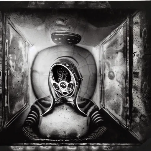 Prompt: alien inside a spaceship interior, hyper realistic, hight detail, sharp focus, wide angle, moody lighting, tintype, black and white photo by Joel Peter Witkin