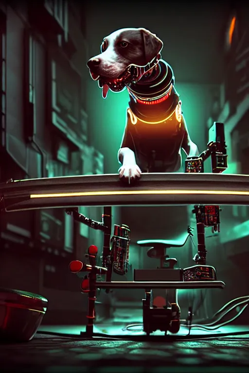 Prompt: high quality 3 d render very cute cyborg labrador dog plays drums!, cyberpunk highly detailed, unreal engine cinematic smooth, in the style of blade runner & pixar, hannah yata charlie immer, moody light, low angle, uhd 8 k, sharp focus