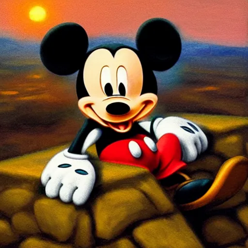 Prompt: Mickey mouse sitting on a cobblestone wall, watching the sunset, painting by Viktor Vasnetsov, highly detailed, oil on canvas, cinematic shot, dramatic lighting, award-winning