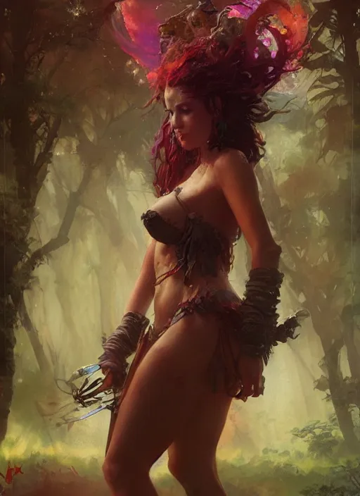 Prompt: hyper realistic photography of festival warrior curvy girl saturated colors, cinematic, vallejo, frazetta, greg rutkowski, royo, rowena morrill, juan gimenez