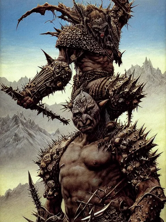 Image similar to A powerful large orc with pale skin covered in scars stands near the mountains, wearing spiky complex detailed armor without a helmet. Extremely high detail, realistic, fantasy art, scars, solo, masterpiece, saturated colors, art by Zdzisław Beksiński, Arthur Rackham