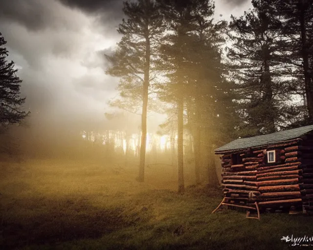 Prompt: a photograph of a small cabin made of logs, situated in a forest, with a horse tethered outside, stormy sky, dramatic lighting, epic scene, evening light, sunset, cosy scene, landscape photography, fujifilm, fujinon, 2 4 mm, f 1 6, muted colours