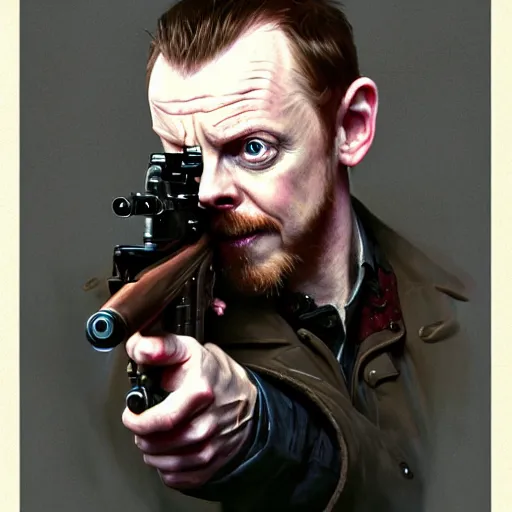 Image similar to portrait of simon pegg in the london of suburbs, winchester rifle, zombie apocalypse, joyful smirk, intricate, elegant, highly detailed, digital painting, artstation, concept art, matte, sharp focus, illustration, art by artgerm and greg rutkowski and alphonse mucha