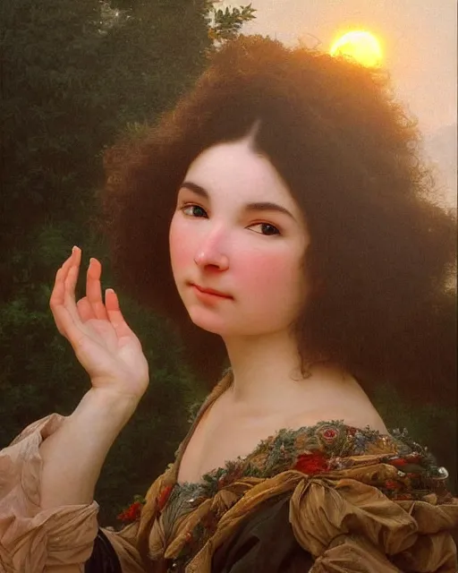 Image similar to beautiful glorious realistic oil painting of bjork, bokeh, baroque style by bouguereau, sunset, highly detailed, 8 k intricate