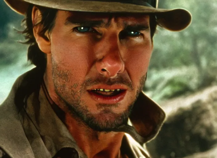 Prompt: film still of Tom Cruise as Indiana Jones in Raiders of the Lost Ark, 4k