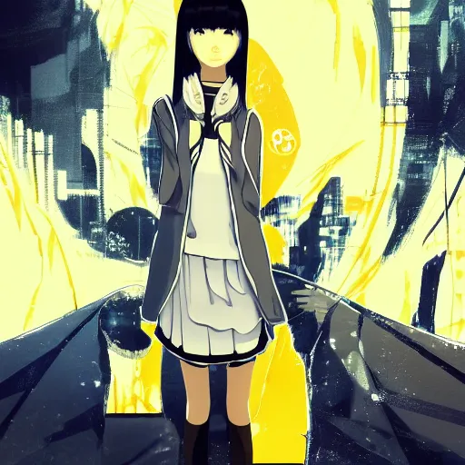 Image similar to Frequency indie album cover, luxury advertisement, yellow filter, white and gray colors. Clean and detailed post-cyberpunk sci-fi close-up schoolgirl in asian city in style of cytus and deemo, blue flame, relaxing, calm and mysterious vibes, by Tsutomu Nihei, by Yoshitoshi ABe, by Ilya Kuvshinov, by Greg Tocchini, nier:automata, set in half-life 2, Matrix, GITS, Blade Runner, Neotokyo Source, Syndicate(2012), dynamic composition, beautiful with eerie vibes, very inspirational, very stylish, with gradients, surrealistic, dystopia, postapocalyptic vibes, depth of field, mist, rich cinematic atmosphere, perfect digital art, mystical journey in strange world, beautiful dramatic dark moody tones and studio lighting, shadows, bastion game, arthouse