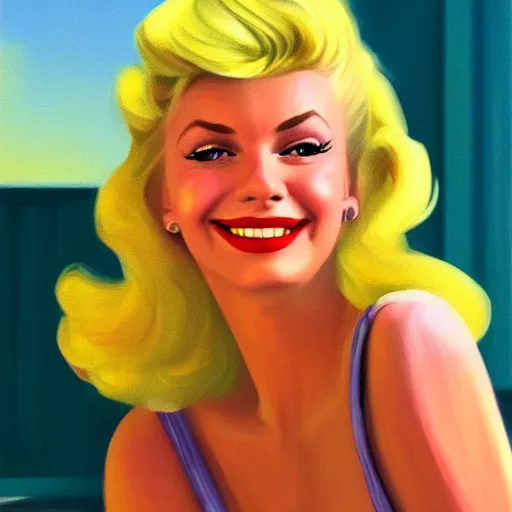 Image similar to a portrait of a beautiful blonde Sandy from Grease (1978), smiling, Edward Hopper style, clear eyes, illustration, soft lighting, soft details, painting oil on canvas, octane render, HDR, trending on artstation, 4k, 8k, HD