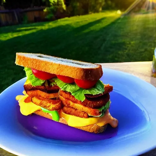 Image similar to sandwich with fried tofu, also one tomato slice, two onion rings, avocado and cheddar, over a dish and over a table, outside with a sunsed and rainbow in the background with saturn and stars in the sky, amazing light