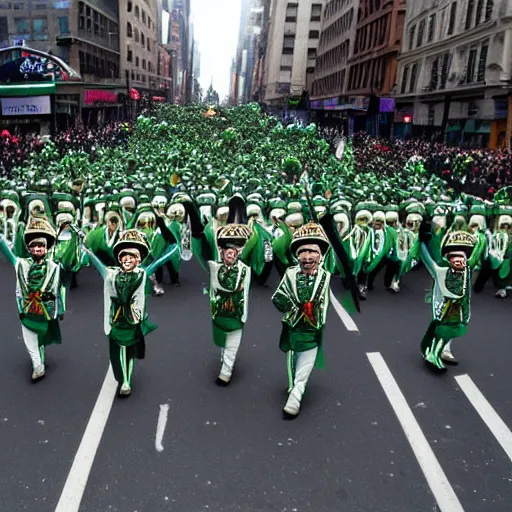 Image similar to a parade of the dead marching down 5 th ave manhattan on st. patrick's day, 8 k, photo realistic, extremely life like