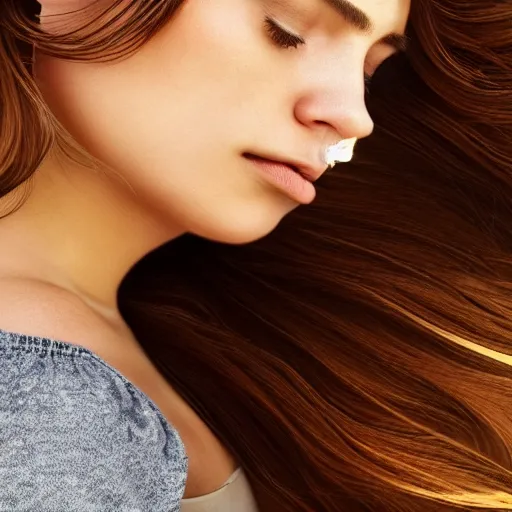 Image similar to a very beautiful still of a beautiful brown - haired woman with her head leaning backwards, golden, eyes closed, front shot, very close - up, hyper detailed, high contrast, bokeh background, realistic, digital art by irakli nadar, sharp focus, golden, delicate, sunlight, dark background, 4 k